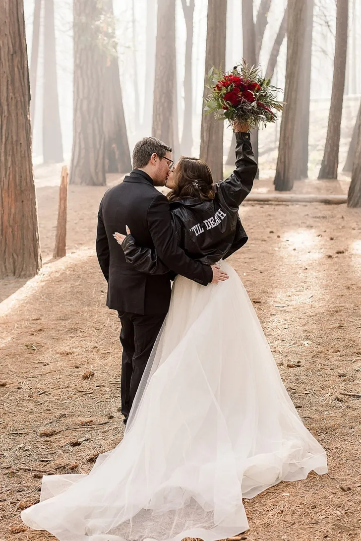 bride and groom celebrating in custom jacket