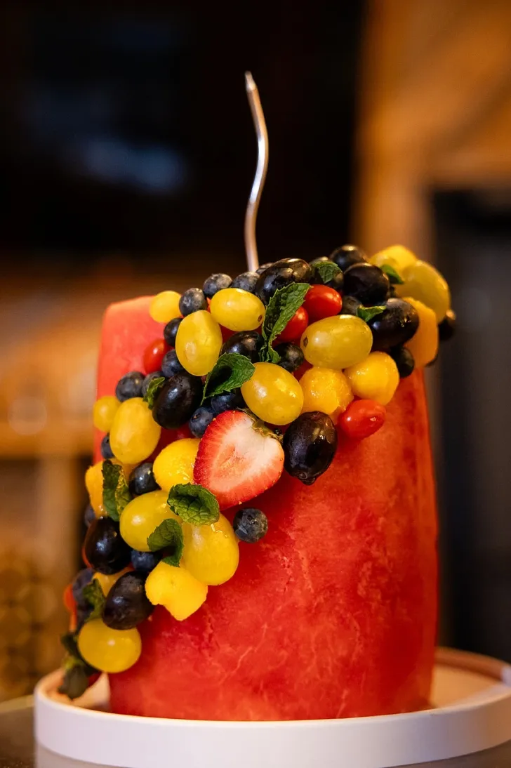 custom wedding cake made out of watermelon and fruit