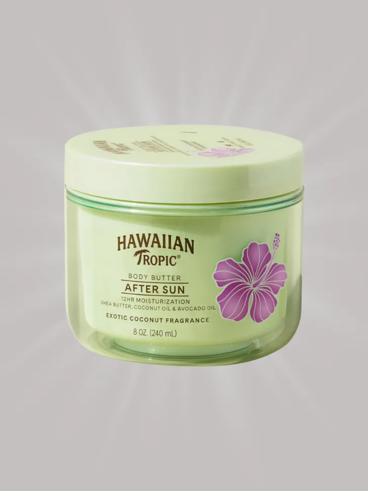 A jar of Hawaiian Tropic After Sun Body Butter, offering 12-hour moisturization with shea butter, coconut oil, and avocado oil, featuring an exotic coconut fragrance.