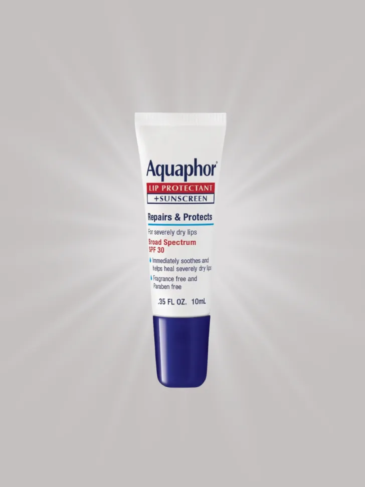 A tube of Aquaphor Lip Protectant + Sunscreen, featuring SPF 30 protection, designed to repair and protect severely dry lips.