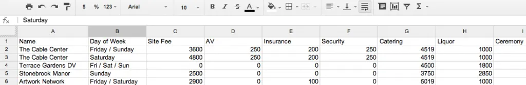 Venue Pricing Spreadsheet
