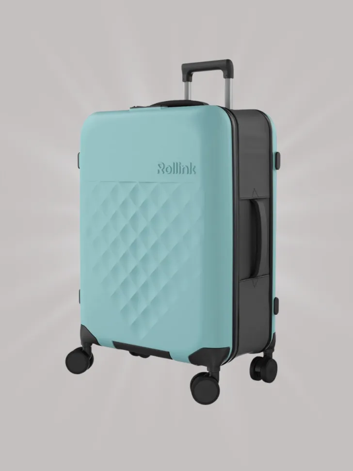 Light blue hard-shell suitcase with black accents and four wheels.