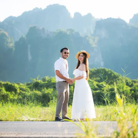 honeymooners in a gorgeous tropical location in the mountains