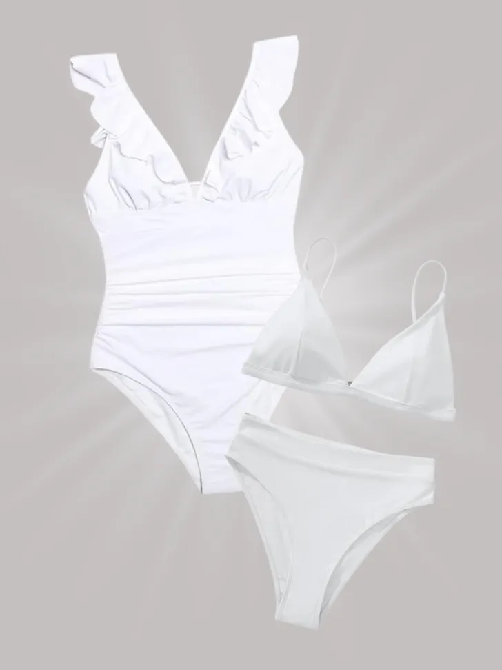 White ruffled one-piece swimsuit alongside a matching two-piece bikini with a triangle top and high-waisted bottoms.