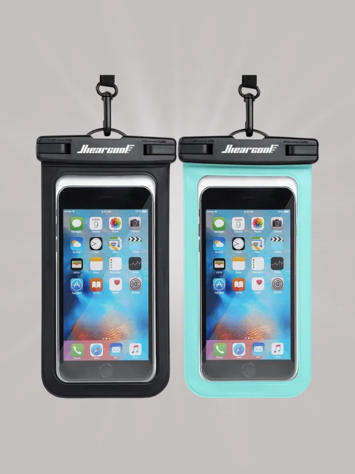 Two waterproof phone pouches, one in black and one in teal, with clear front and back panels, featuring secure clip closures and lanyards for carrying.